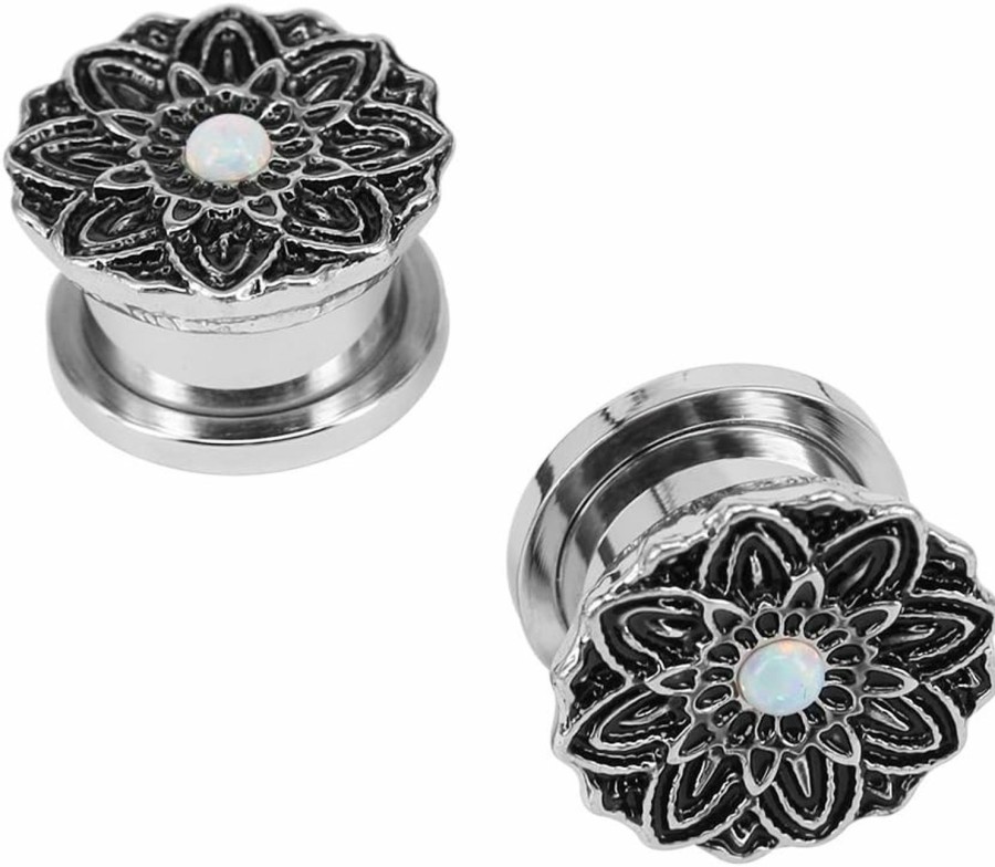 PunkTracker Vintage Flower Ear Gauge Plug Stainless Steel With White Opal Punk Ear Tunnels Stretcher Piercing Body Jewelry Body Piercing Plugs