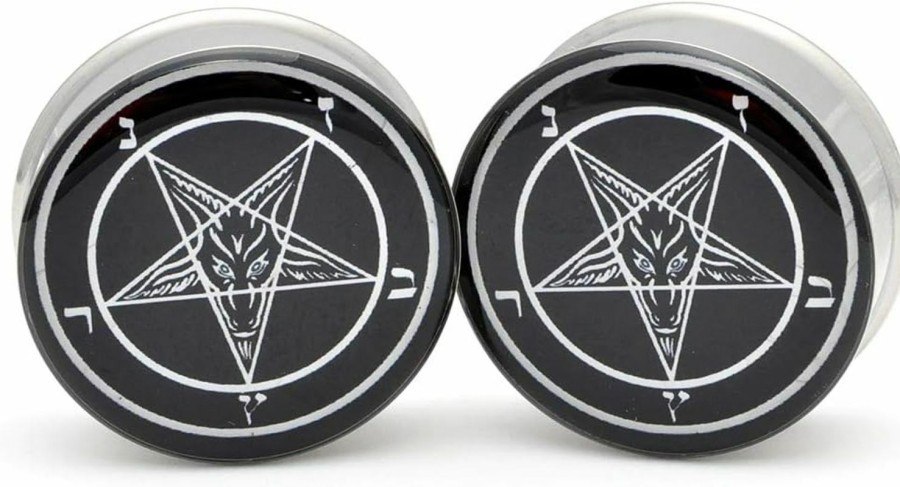 Mystic Metals Body Jewelry Mystic Metals Body Jewelry Large Gauge Baphomet Pentagram Style 1 Picture Plugs - Sold As A Pair Body Piercing Plugs