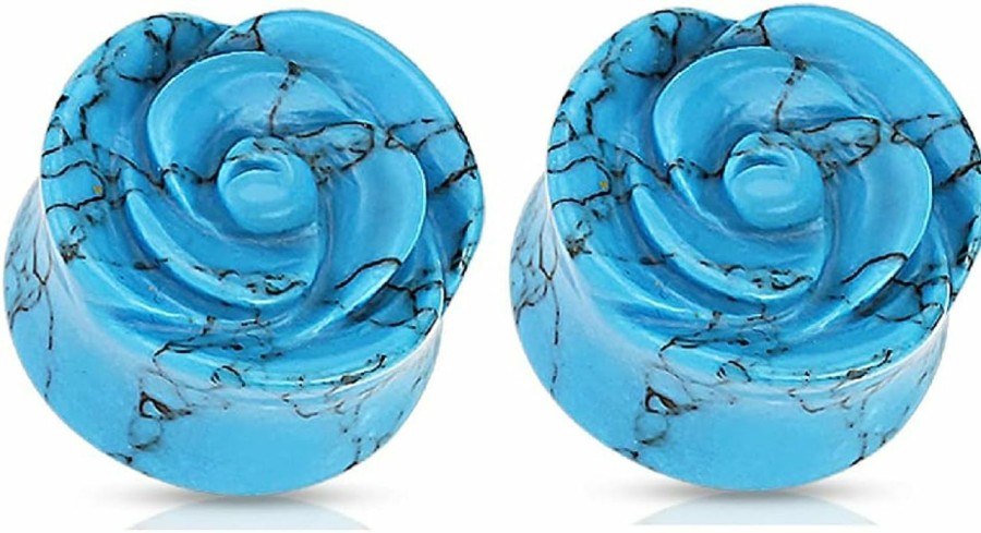 Pierced Owl Pierced Owl - Blue Rose Carved Into Turquoise Semi Precious Single Side Double Flared Plugs, Sold As A Pair Body Piercing Plugs