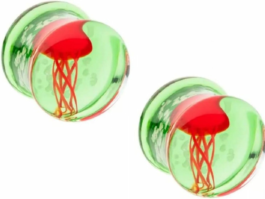 Pierced Owl Pierced Owl Green Glass With Red Floating Jellyfish Double Flared Plugs, Sold As Pair Body Piercing Plugs