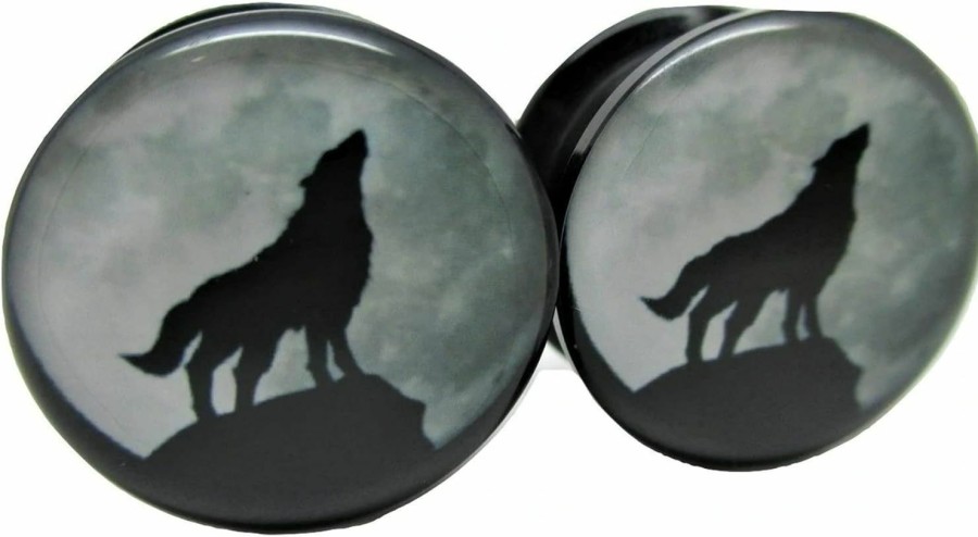 Pierced Republic Pierced Republic Wolf Howling At The Moon Ear Plugs - Acrylic - Screw-On - New *Pair* - 8 Sizes Body Piercing Plugs