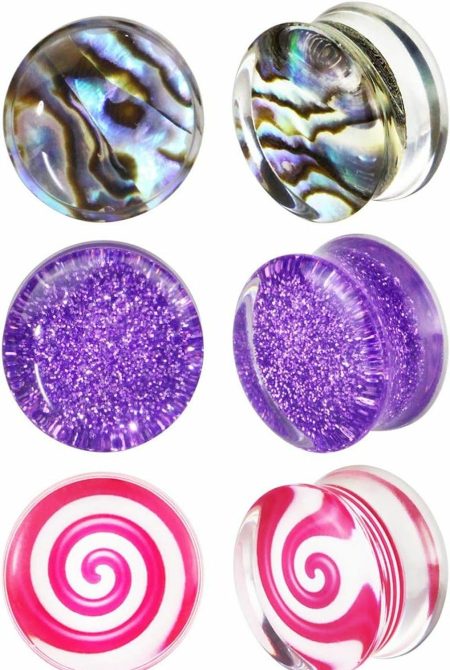 Awinrel Awinrel Ear Gauges Clear Acrylic Saddle Plugs Tunnels Stretching Purple Glitters Abalone Shell Candy Expander Body Piercing Jewelry 6 Pieces Body Piercing Plugs