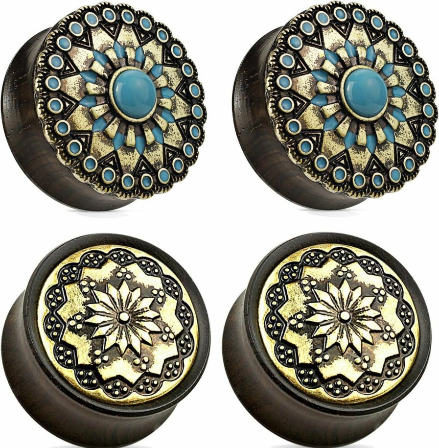 Zaya Body Jewelry Zaya Body Jewelry 2 Pairs Black Wood Tribal Turquoise Flower Wood Ear Plugs Tunnels 0G 1/2 9/16 5/8 3/4 7/8 1 Inch Body Piercing Plugs