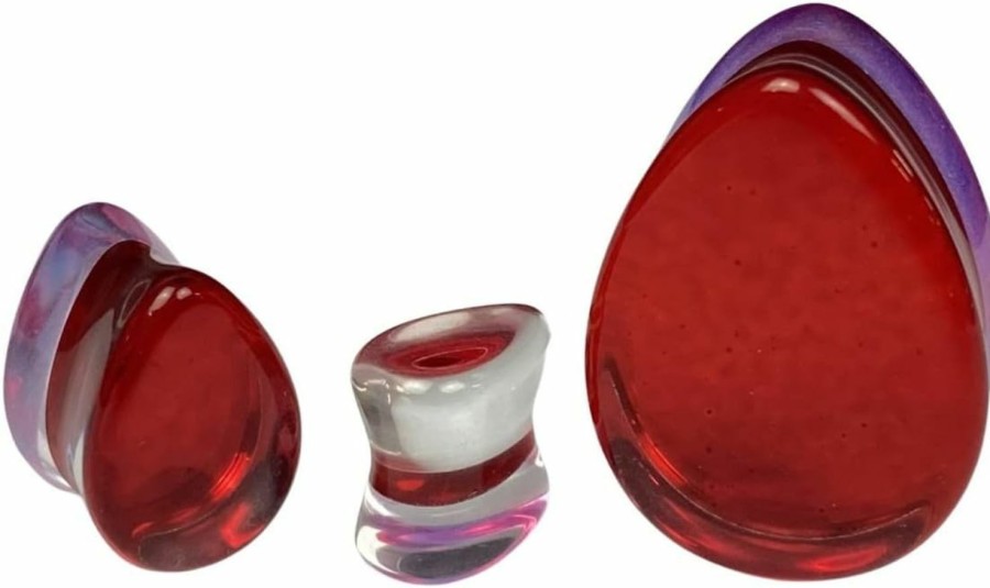 Mystic Metals Body Jewelry Mystic Metals Body Jewelry Pair Of Red Iridescent Glass Teardrop Double Flare Plugs (Pg-597) Body Piercing Plugs