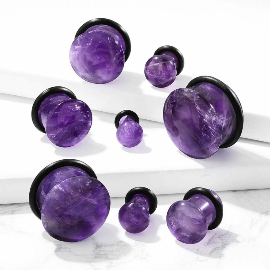 Pierced Owl Pierced Owl - Natural Amethyst Semi-Precious Stone Domed Single Flare Plugs With Black O Ring, Sold As A Pair Body Piercing Plugs