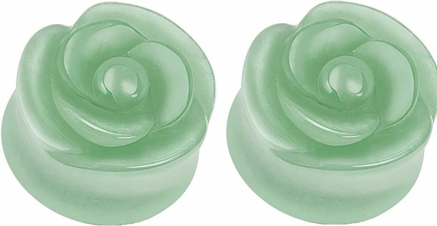 Pierced Owl Pierced Owl - Green Aventurine Stone Carved Rose Double Flared Plugs, Sold As A Pair Body Piercing Plugs