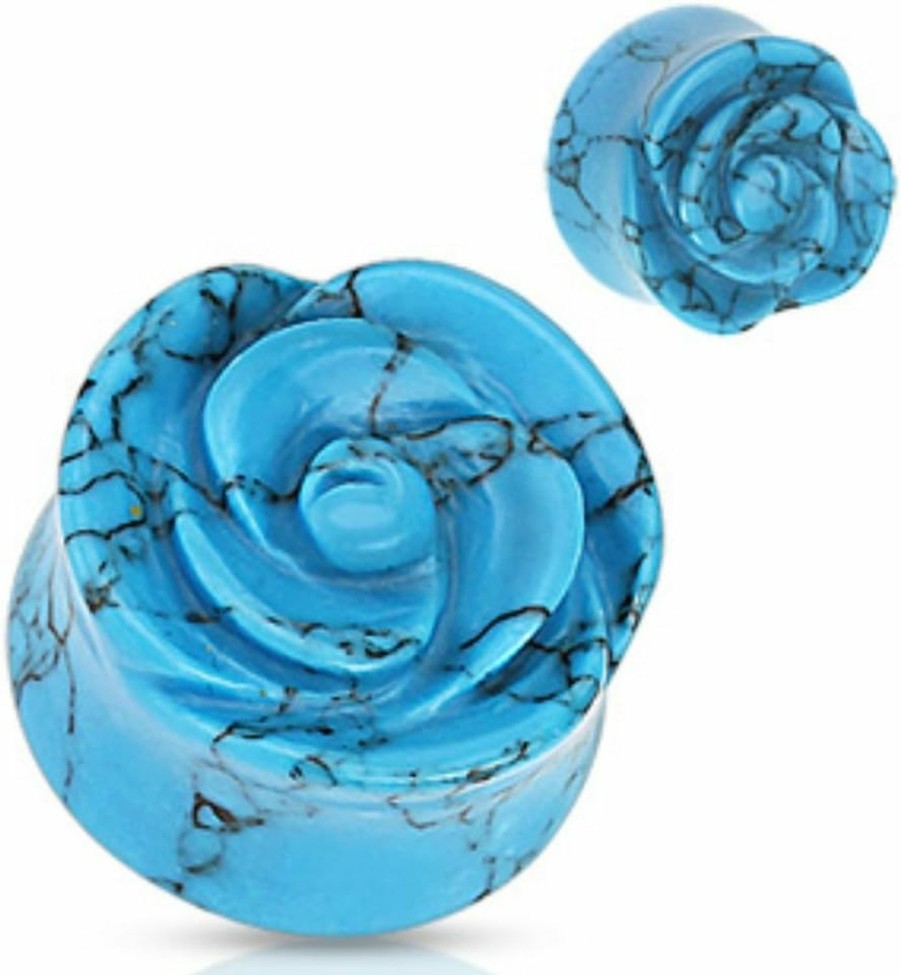 WildKlass Jewelry Blue Turquoise Semi Precious Stone Rose Carved On Single Side Double Flared Wildklass Plug (Sold As A Pair) Body Piercing Plugs