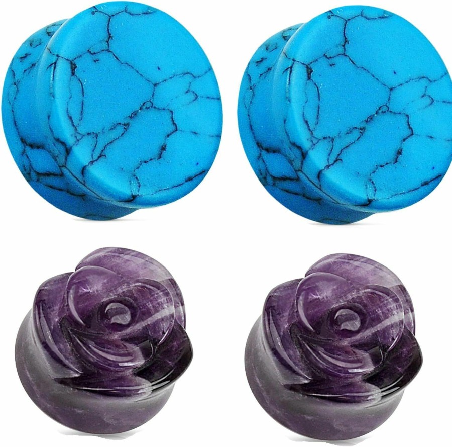 Zaya Body Jewelry Zaya Body Jewelry 2 Pairs Amethyst Rose Turquoise Blue Organic Stone Plugs Ear Gauges 00G 0G 2G 1/2 Inch Body Piercing Plugs