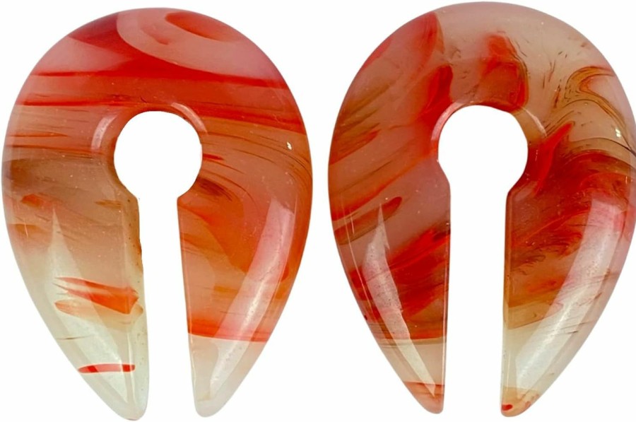 Generic Pair Of Red Line Agate Stone Keyhole Ear Weights (Stn-705) For Lobes 00G And Up Body Piercing Plugs