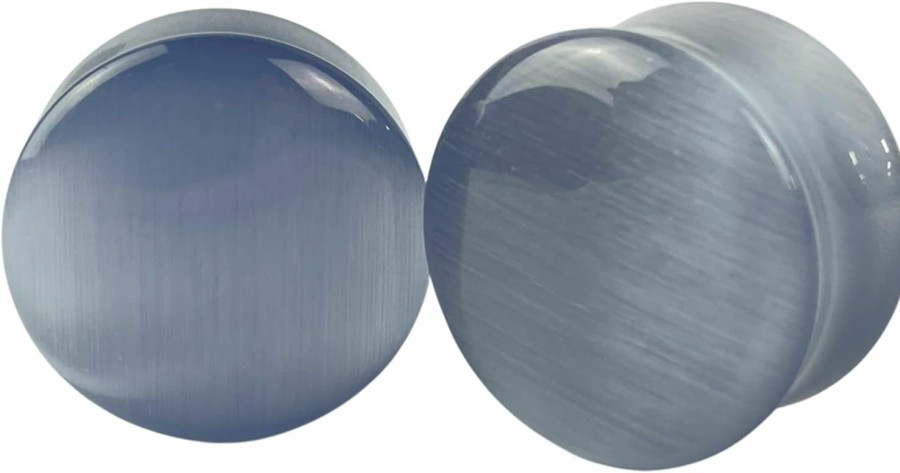 Mystic Metals Body Jewelry Pair Of Convex Grey Cat Eye Stone Double Flare Plugs (Stn-694) Body Piercing Plugs