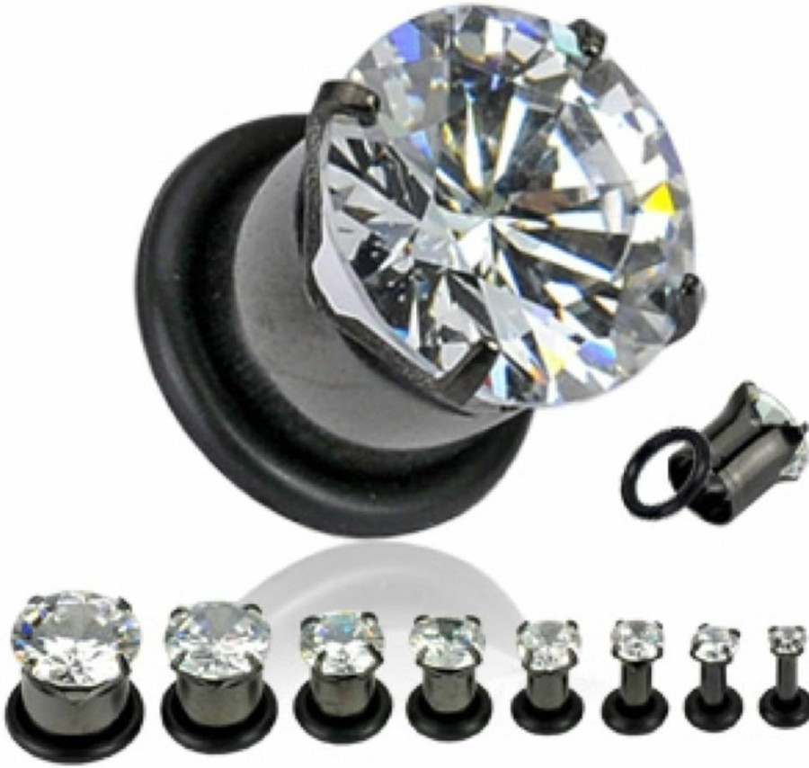 Dynamique Dynamique Pair Of Black Titanium Ip Over 316L Surgical Steel Prong Set Gem Tunnel Plugs With O-Ring Body Piercing Plugs