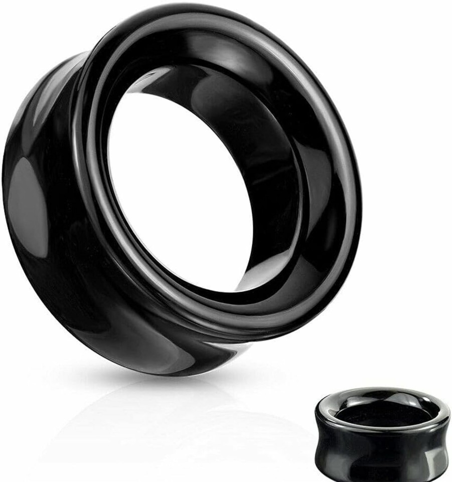 blue palm jewelry Pair Of Double Flare Hollow Tunnel Solid Black Stone Obsidian Saddle Ear Plugs E584 Body Piercing Plugs