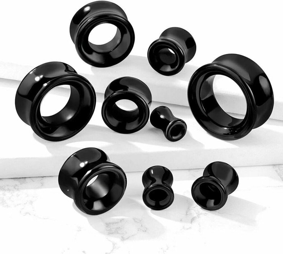 blue palm jewelry Pair Of Double Flare Hollow Tunnel Solid Black Stone Obsidian Saddle Ear Plugs E584 Body Piercing Plugs