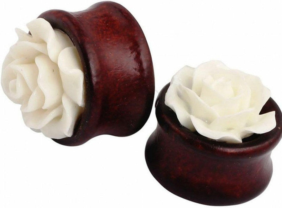 IPINK Ipink- Natural Bamboo Wood Hollow Ear Plug White Rose Flower Ear Tunnels Body Piercing Plugs