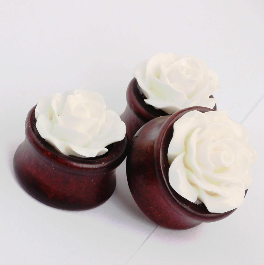 IPINK Ipink- Natural Bamboo Wood Hollow Ear Plug White Rose Flower Ear Tunnels Body Piercing Plugs