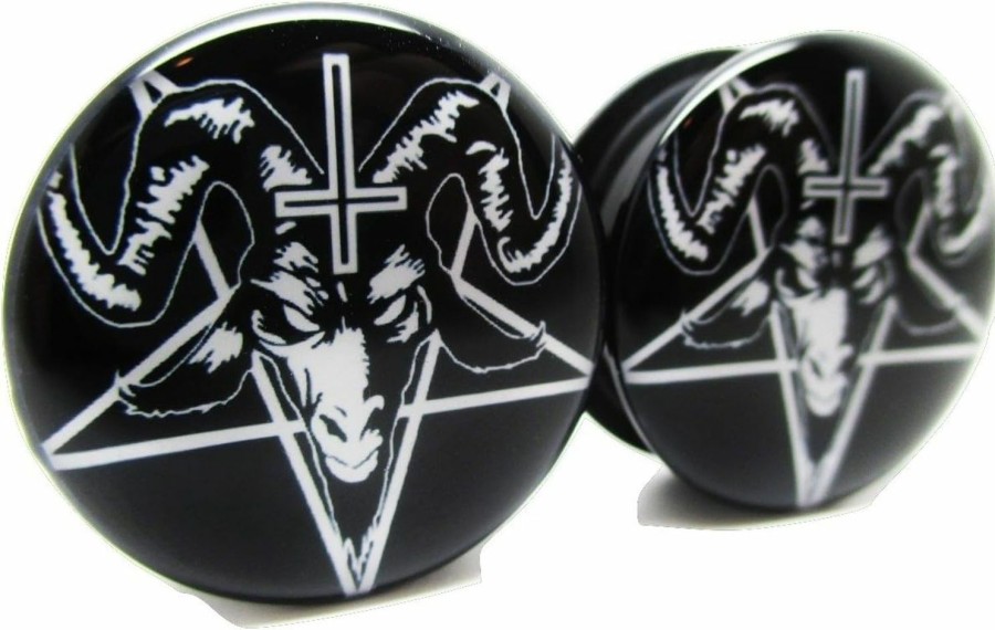 Unknown Pair* Black Baphomet W/Pentagram & Cross Ear Plugs - Acrylic Screw-On - 10 Sizes (00 Gauge (10Mm)) Body Piercing Plugs