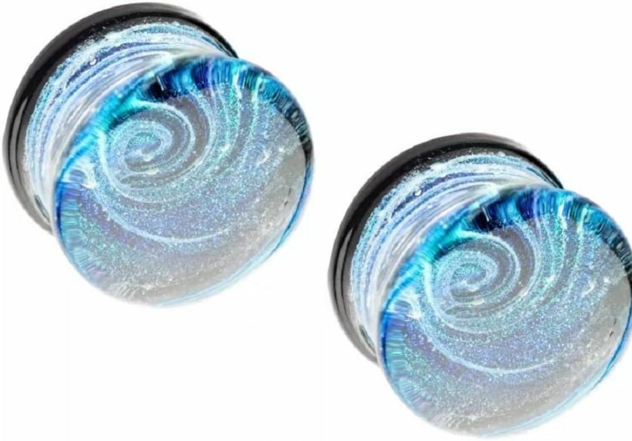 Pierced Owl Pierced Owl Blue Galaxy Sparkle Swirl Design Glass Double Flared Plugs, Sold As Pair Body Piercing Plugs