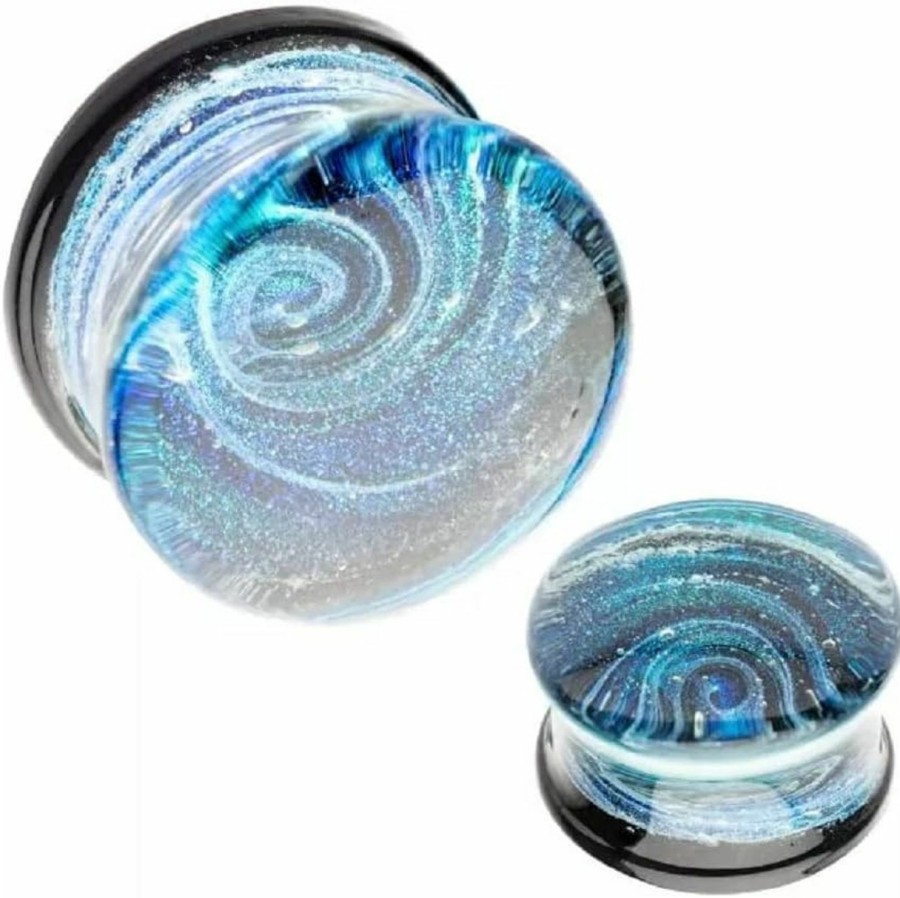 Pierced Owl Pierced Owl Blue Galaxy Sparkle Swirl Design Glass Double Flared Plugs, Sold As Pair Body Piercing Plugs