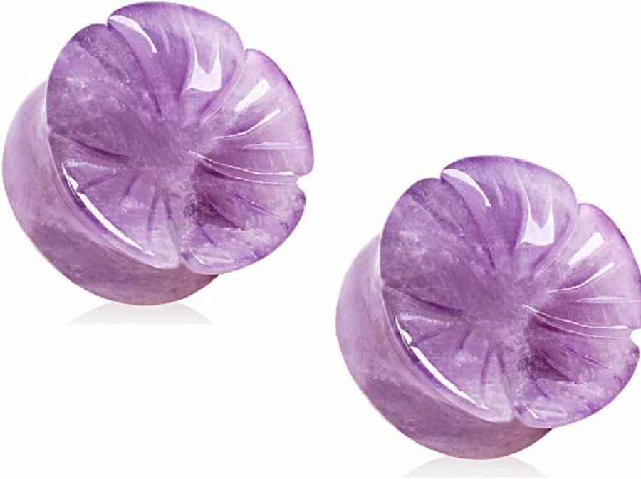 Pierced Owl Pierced Owl - Natural Amethyst Stone Flower Double Flared Saddle Plug Gauges, Sold As A Pair Body Piercing Plugs