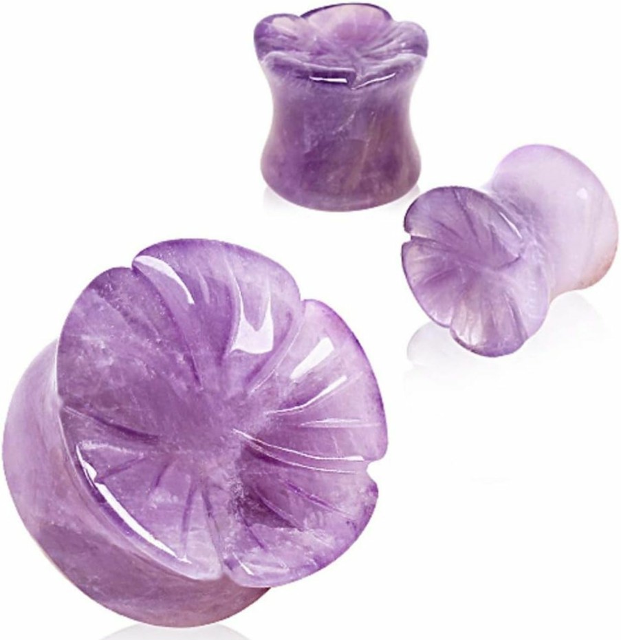 Pierced Owl Pierced Owl - Natural Amethyst Stone Flower Double Flared Saddle Plug Gauges, Sold As A Pair Body Piercing Plugs