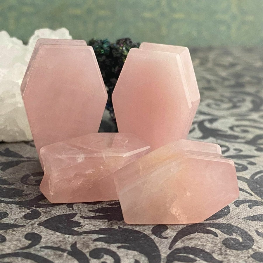 Generic Pair Of Rose Quartz Stone Double Flare Coffin Shaped Plugs (Stn-719) Body Piercing Plugs