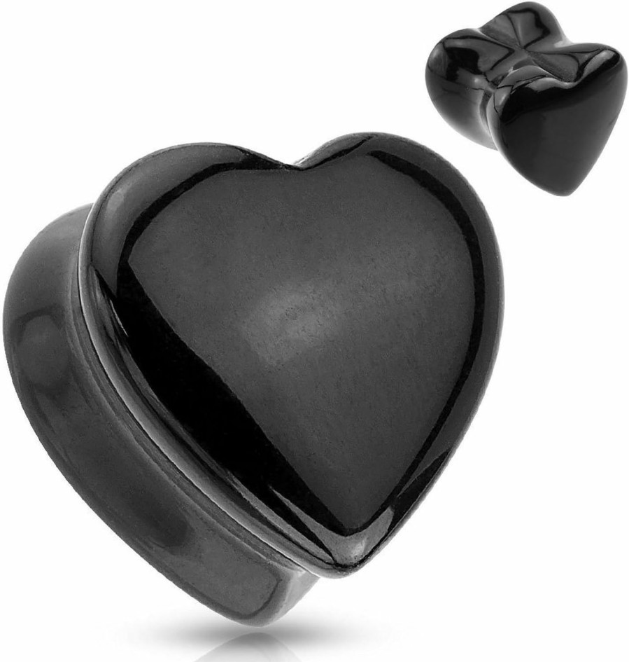 Inspiration Dezigns Inspiration Dezigns Heart Shaped Black Onyx Natural Stone Saddle Plugs - Sold As Pairs Body Piercing Plugs