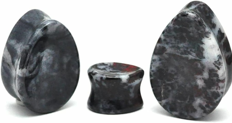 Mystic Metals Body Jewelry Pair Of Chicken Blood Stone Concave Teardrop Double Flare Plugs (Stn-682) Body Piercing Plugs