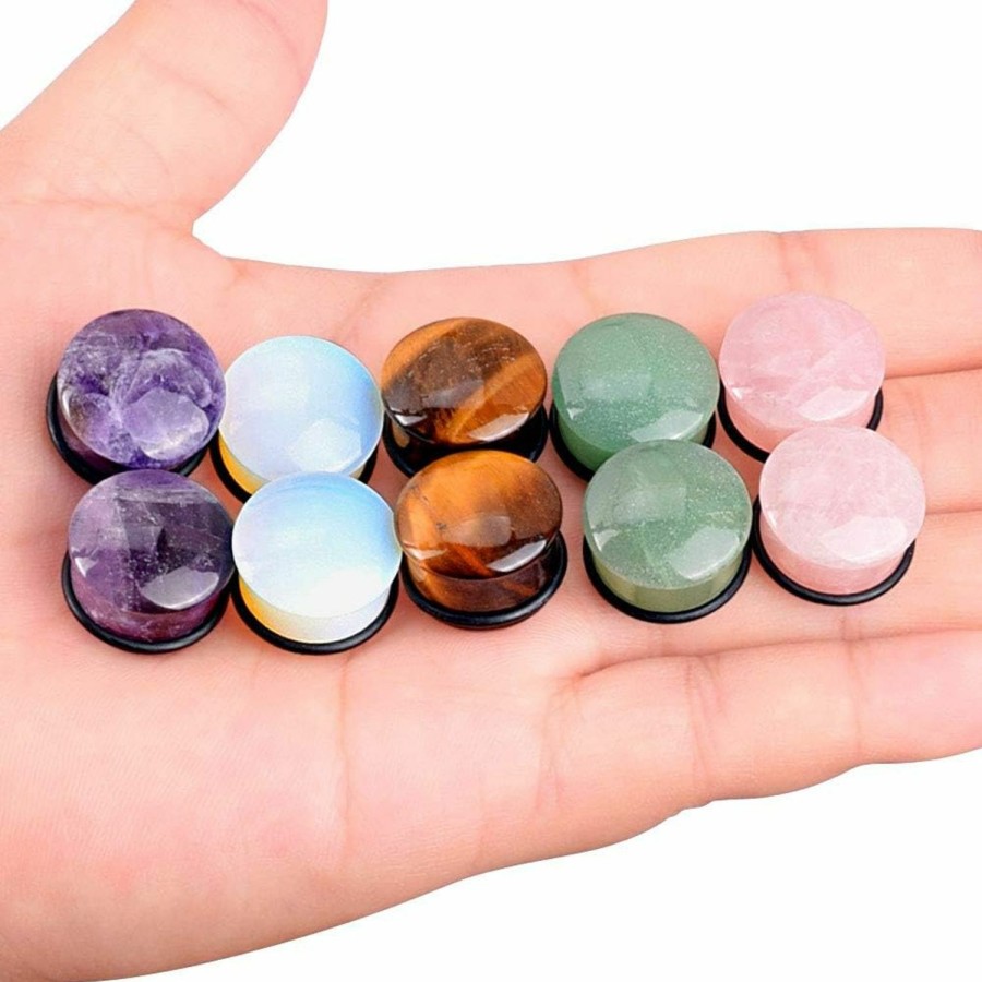 Longbeauty Longbeauty 10Pcs Mixed Stone Ear Gauges Plugs With O-Ring Single Flared Tunnels Expander Stretcher Piercing Body Piercing Plugs