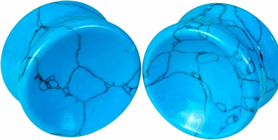 Generic Pair Of Synthetic Turquoise Stone Concave Double Flare Plugs (Stn-718) Body Piercing Plugs