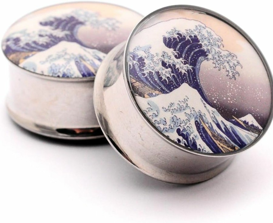 Mystic Metals Body Jewelry Mystic Metals Body Jewelry Double Flare Tidal Wave Picture Plugs - Sold As A Pair Body Piercing Plugs