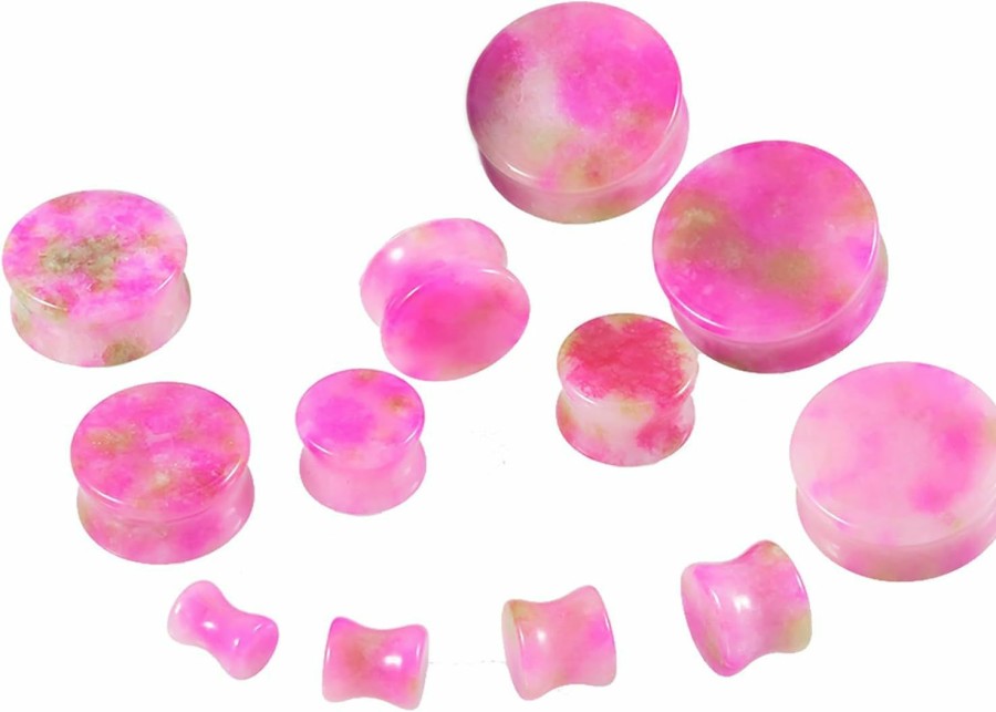 CHUANCI 2Pcs Safflower Stone Saddle Plugs Double Flare Pink Stone Ear Gauges Expander 6Mm-30Mm Body Piercing Plugs