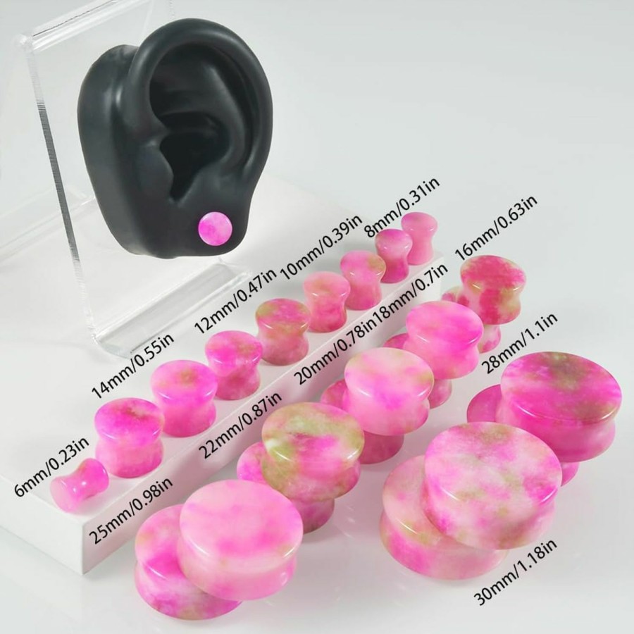 CHUANCI 2Pcs Safflower Stone Saddle Plugs Double Flare Pink Stone Ear Gauges Expander 6Mm-30Mm Body Piercing Plugs