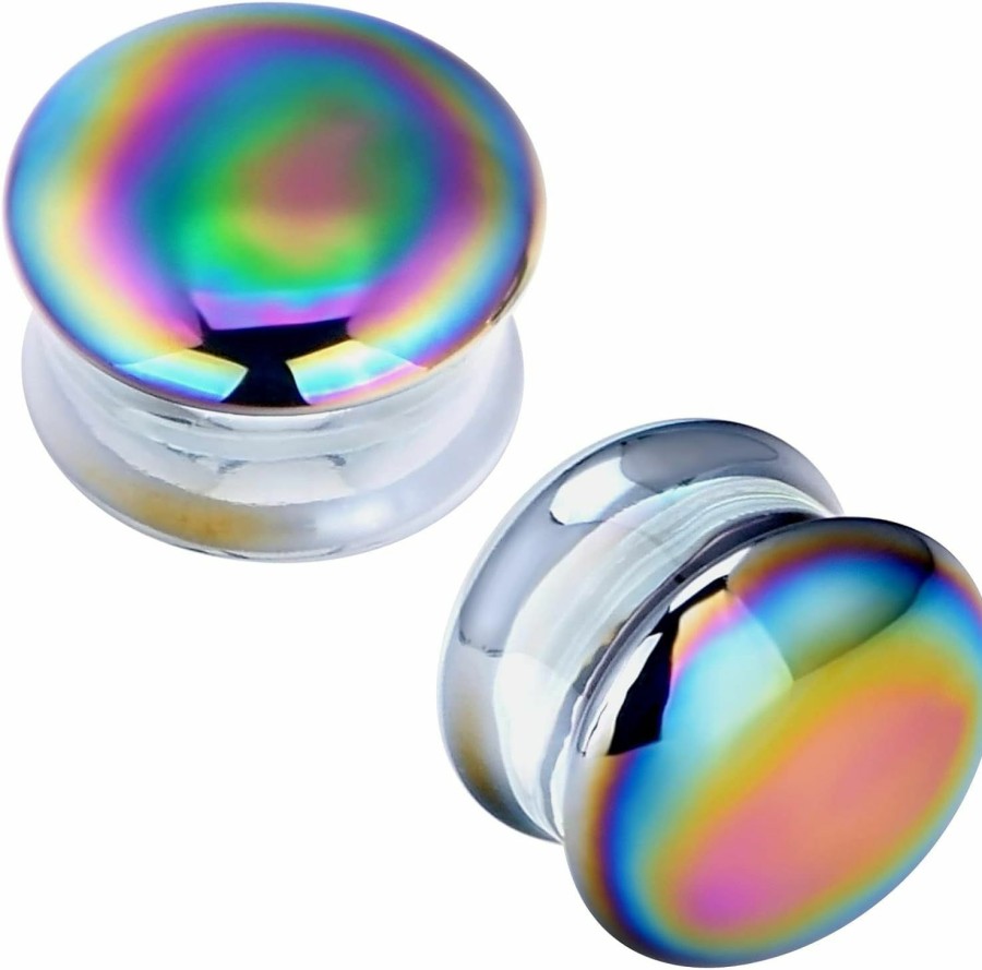 Qmcandy Qmcandy Glass Rainbow Ear Gauges Saddle Double Flare Plugs Tunnels Piercing 2G-5/8 Inch Body Piercing Plugs