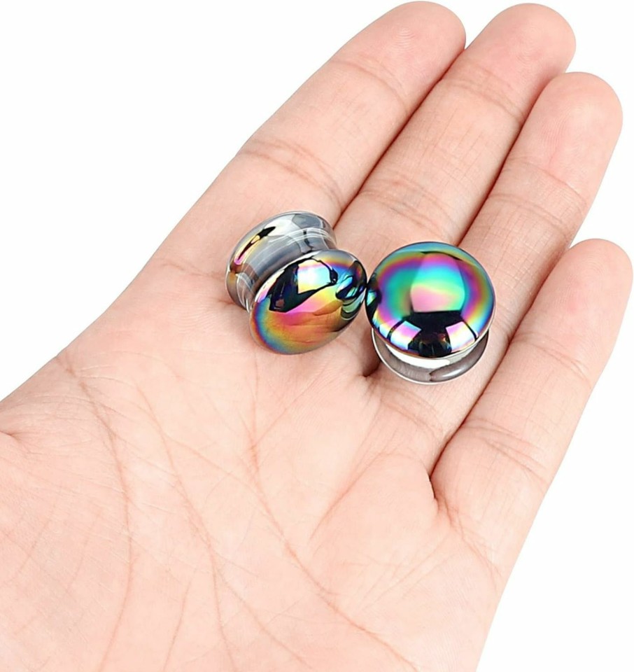 Qmcandy Qmcandy Glass Rainbow Ear Gauges Saddle Double Flare Plugs Tunnels Piercing 2G-5/8 Inch Body Piercing Plugs