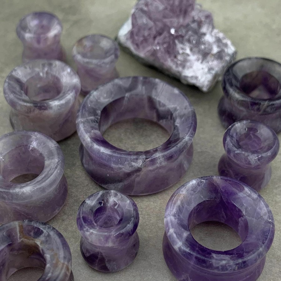 Mystic Metals Body Jewelry Pair Of Amethyst Stone Double Flare Concave Tunnels (Stn-652) (2G (6Mm)) Body Piercing Plugs