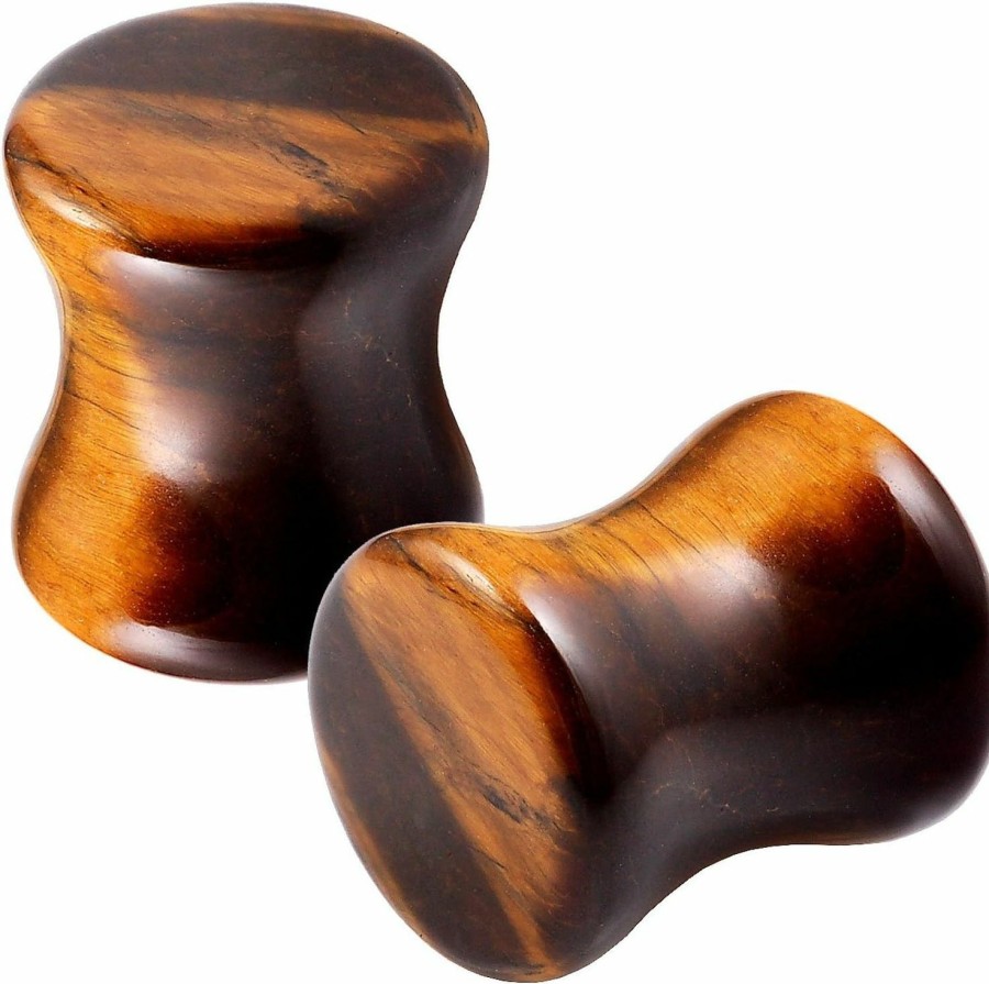 bodyjewellery Bodyjewellery 2Pcs Double Flared Ear Gauges Plugs Flesh Earrings Organic Tiger Eye Stone Stretcher Expander Saddle Pick Size Body Piercing Plugs