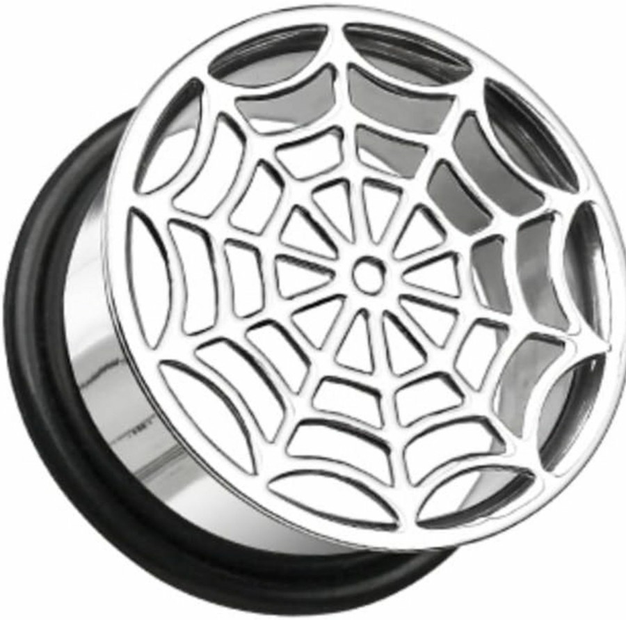 WildKlass Jewelry Spider Web Hollow Steel Single Flared Wildklass Ear Gauge Plug (Sold As Pairs) Body Piercing Plugs