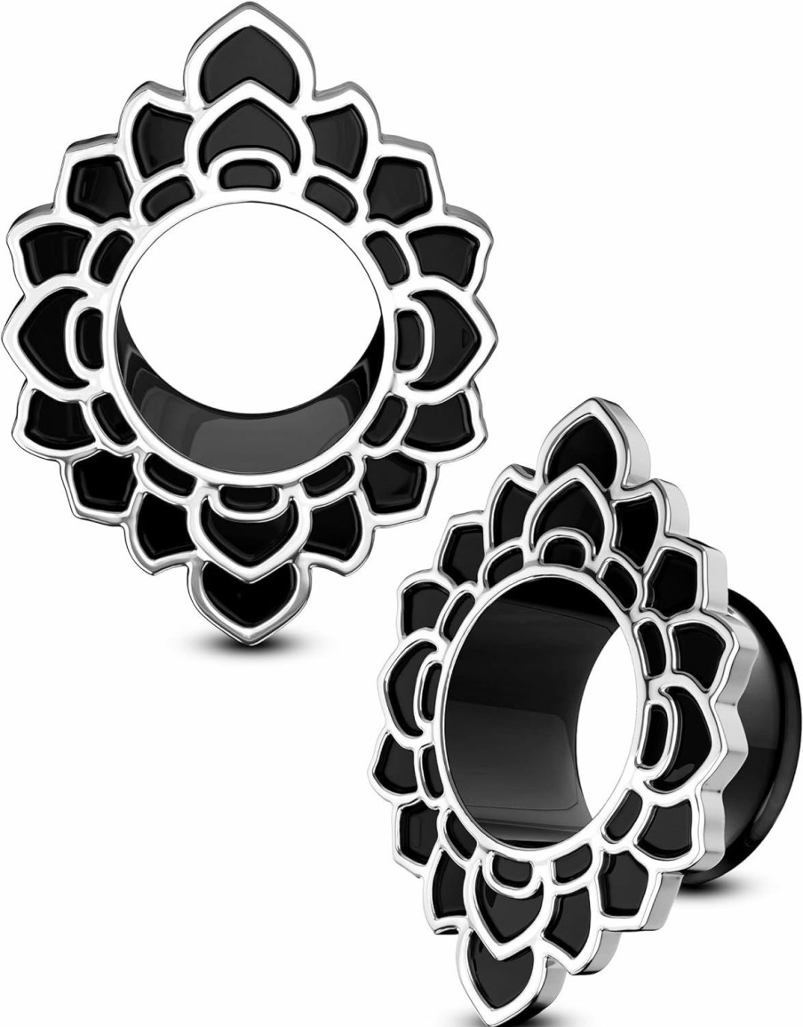 COCHARM Cocharm 2Pcs 2G To 13/16 Inch Ear Plug Gauges Black Plugs Tunnel Double Flare Lotus Gauges Earrings 2G Gauges 0G 00G 7/16 Inch 1/2 9/16 5/8 Gauges For Ears 11/16 Gauges Body Piercing Plugs