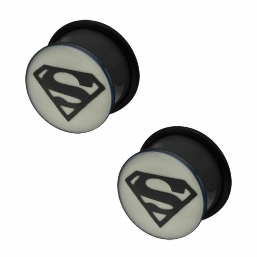 DC Comics Dc Comics Uni Superman Logo Glow In The Dark Single Flared Acrylic Body Piercing Plug, Silver/Black, One Size. Body Piercing Plugs