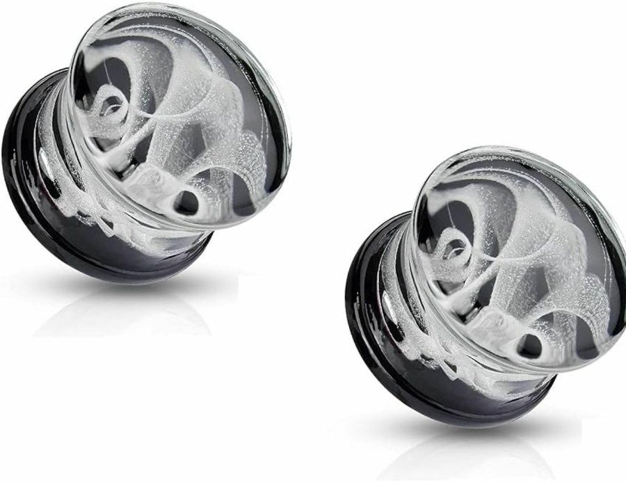 Pierced Owl Pierced Owl - White Swirling Smoke Pyrex Glass Double Flared Black Back Plugs, Sold As A Pair Body Piercing Plugs