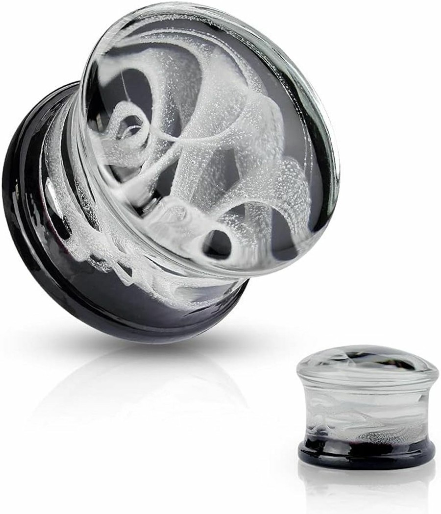 Pierced Owl Pierced Owl - White Swirling Smoke Pyrex Glass Double Flared Black Back Plugs, Sold As A Pair Body Piercing Plugs