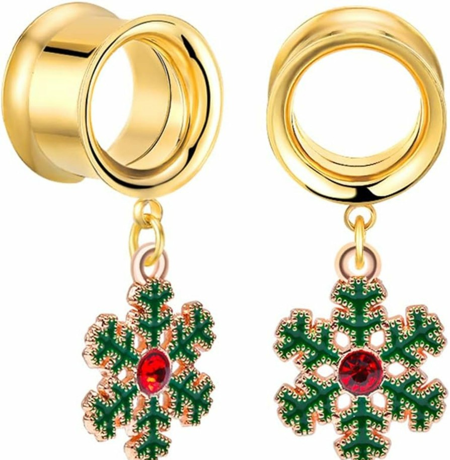 PUNKYOUTH 2Pcs Christmas Style Gold Dangle Gauges Double Flared Plugs Tunnels Stainless Steel Screw Back Earrings For Stretching Ears Bells Snowflake Gauge 2G To 1 " Body Piercing Plugs