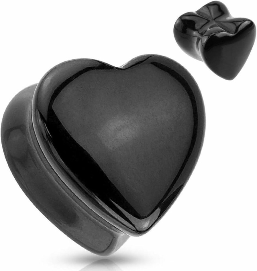 Pierced Owl Pierced Owl - Natural Black Onyx Heart Shaped Saddle Plug Gauges, Sold As Pair Body Piercing Plugs