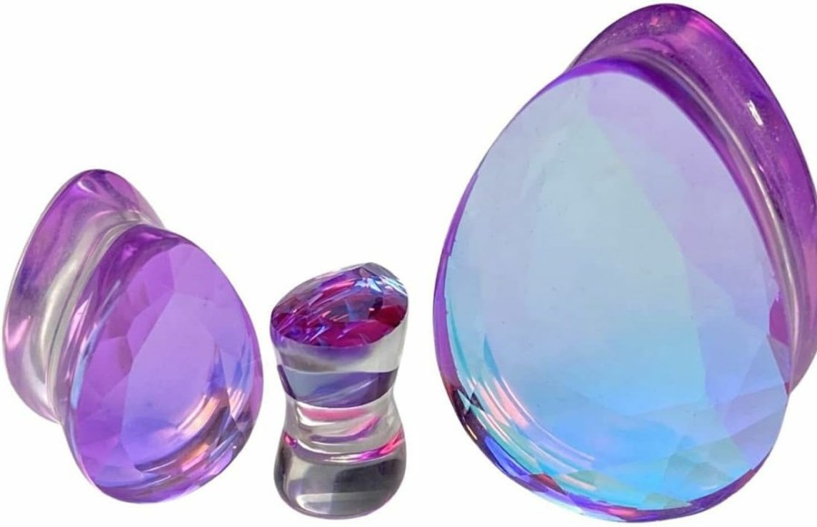 Mystic Metals Body Jewelry Pair Of Purple Faceted Iridescent Glass Teardrop Double Flare Plugs (Pg-589) Body Piercing Plugs