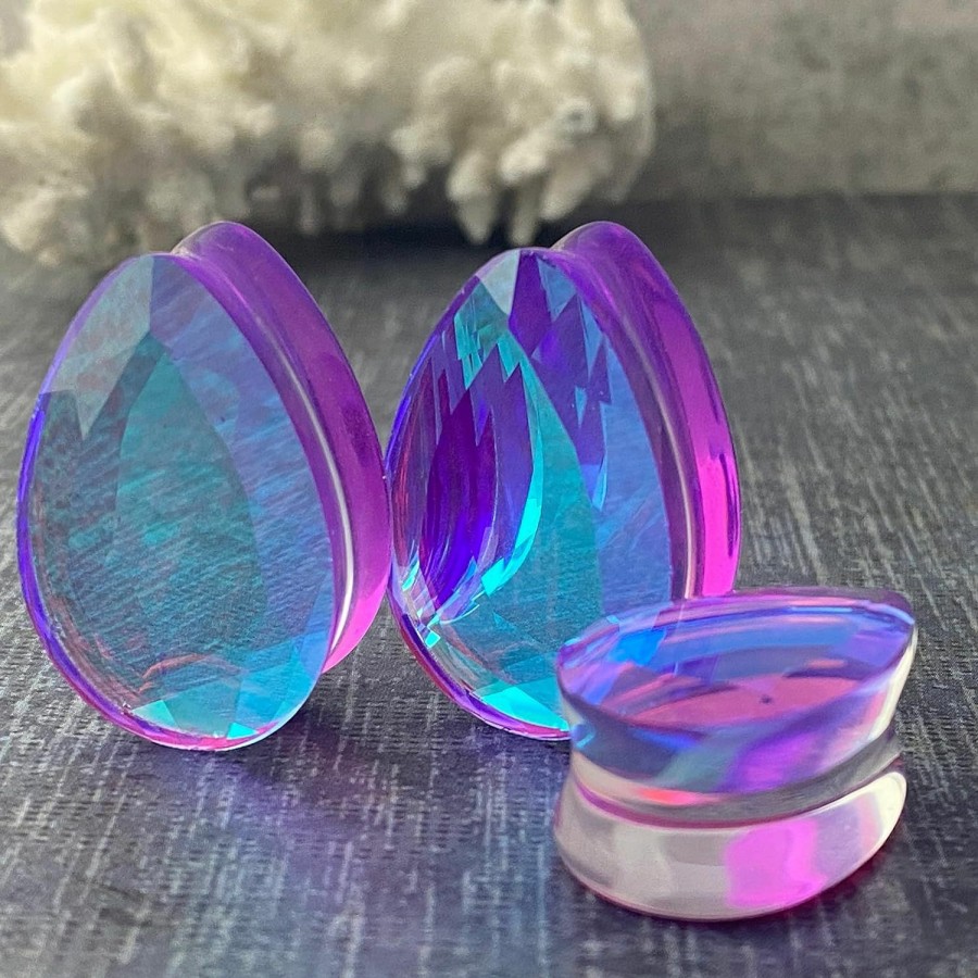 Mystic Metals Body Jewelry Pair Of Purple Faceted Iridescent Glass Teardrop Double Flare Plugs (Pg-589) Body Piercing Plugs