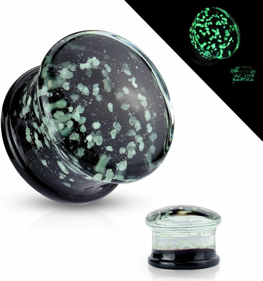 Dynamique Dynamique Pair Of Pyrex Glass Double Flared Plugs With Glow In The Dark Sparkles Body Piercing Plugs