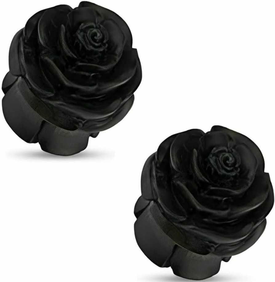 Dynamique Dynamique Pair Of Wood Full Bloom Rosebud Handcarved Double Flared Organic Plugs Body Piercing Plugs