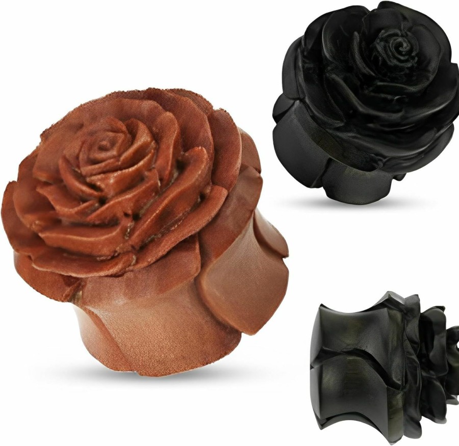 Dynamique Dynamique Pair Of Wood Full Bloom Rosebud Handcarved Double Flared Organic Plugs Body Piercing Plugs