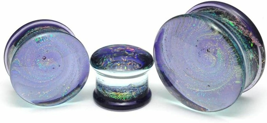 Mystic Metals Body Jewelry Mystic Metals Body Jewelry Pair Of Purple Galaxy Swirl Glass Double Flare Plugs (Pg-592) Body Piercing Plugs