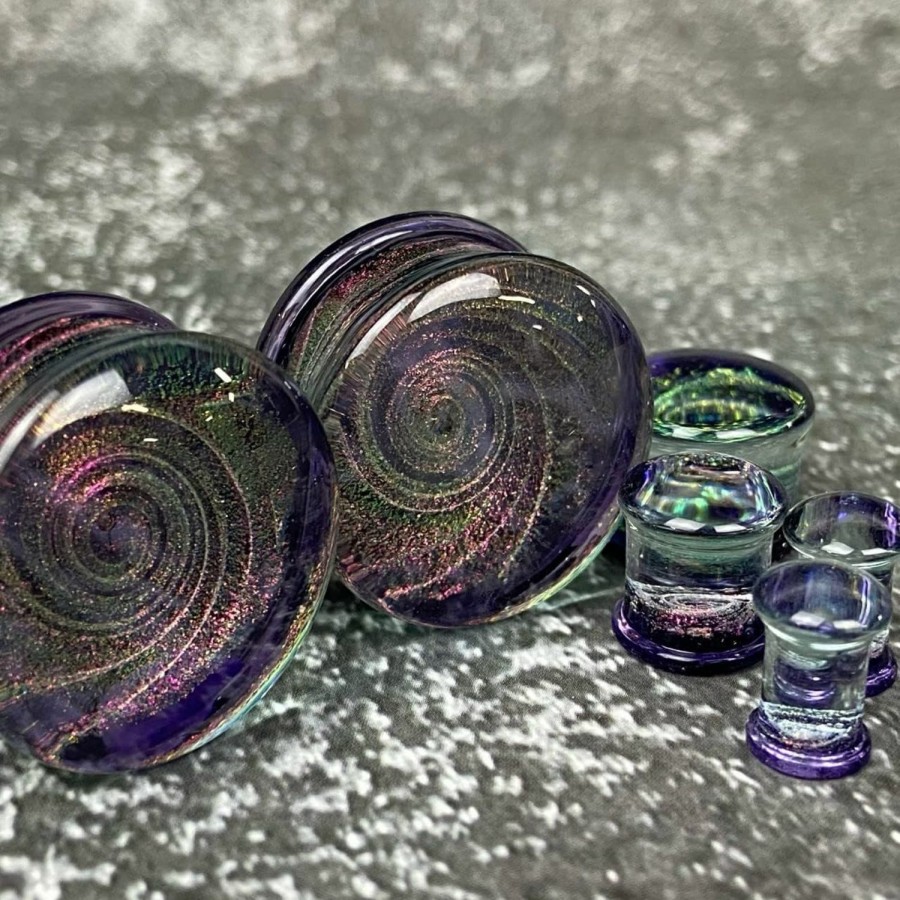 Mystic Metals Body Jewelry Mystic Metals Body Jewelry Pair Of Purple Galaxy Swirl Glass Double Flare Plugs (Pg-592) Body Piercing Plugs